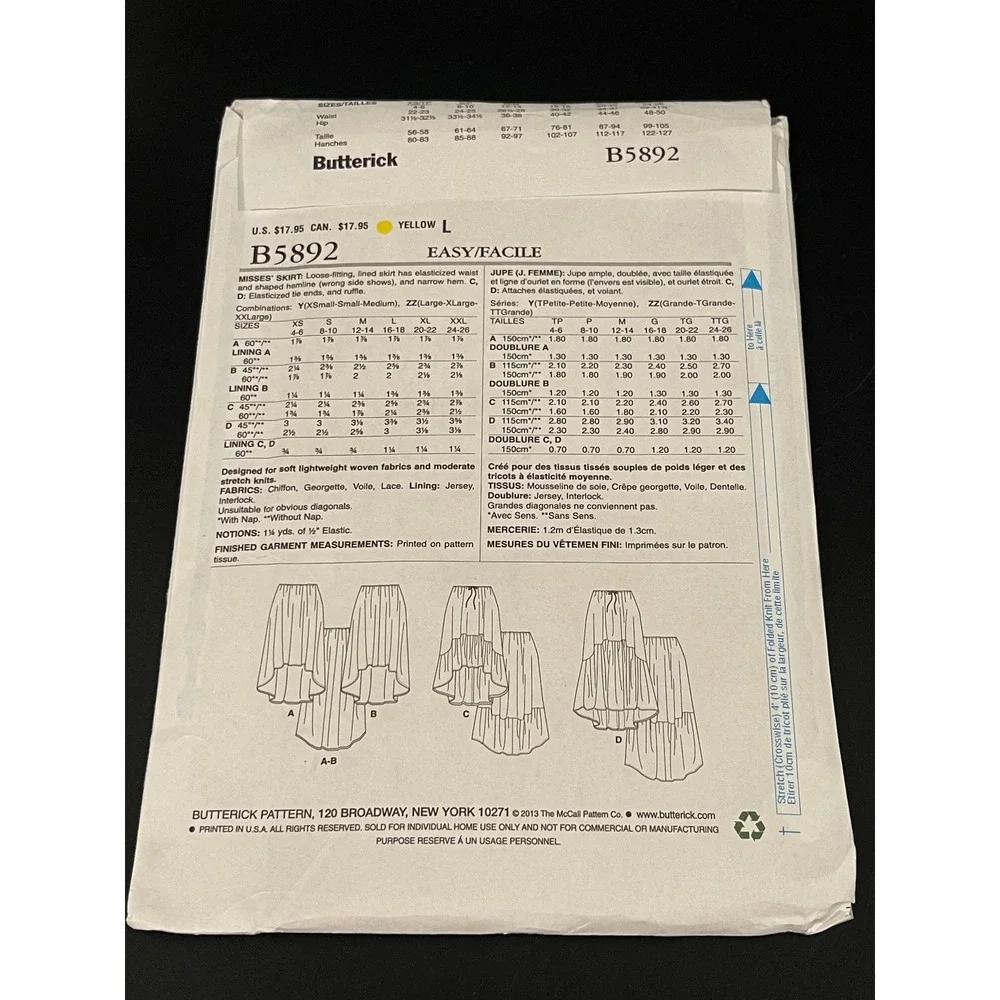 00332 - Butterick‎ B5892 Misses' Skirt Sewing Pattern High Low Hem Size Y XS-S-M